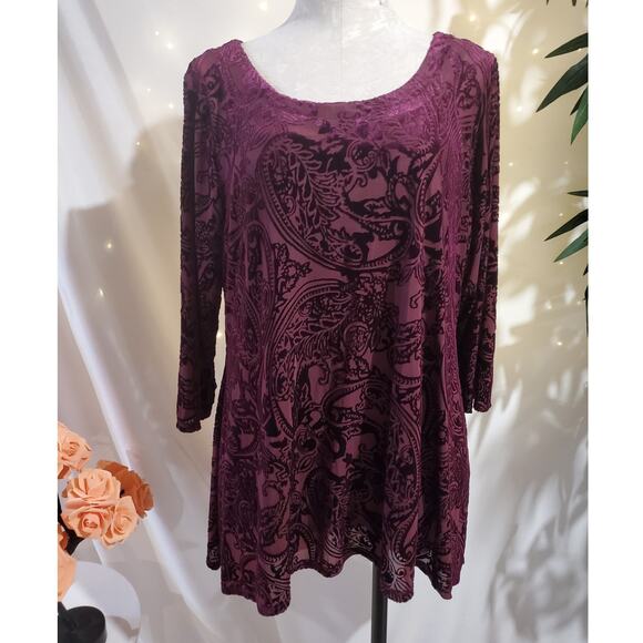 Avenue Velvet Burnout Cutout Asymmetrical 3/4 Sleeve Top Size 14/16 Whimsigoth - Picture 1 of 11